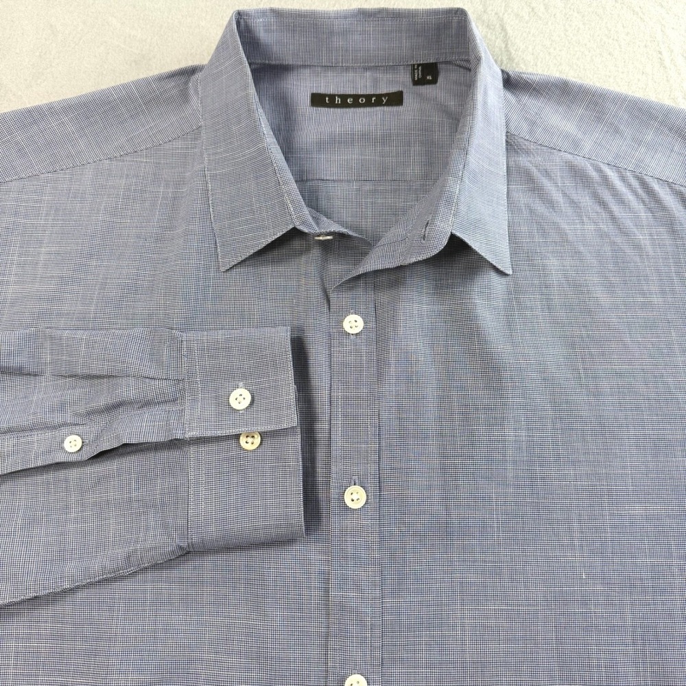 Theory Button Down Shirt Mens XL Blue Check Long Sleeve Classic Office Wear